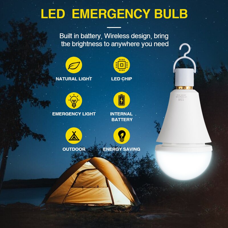 홈 캠핑 하이킹에 대 한 E27 9W 12W 15W LED 비상 전구 야외 충전식 배터리 야간 조명 램프